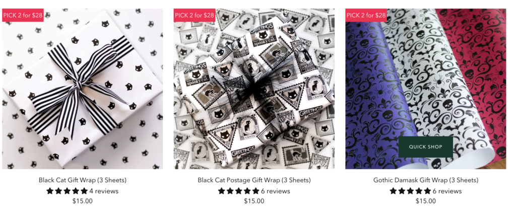 Examples of spooky gift-wrapping items at SpookyCat online shop.