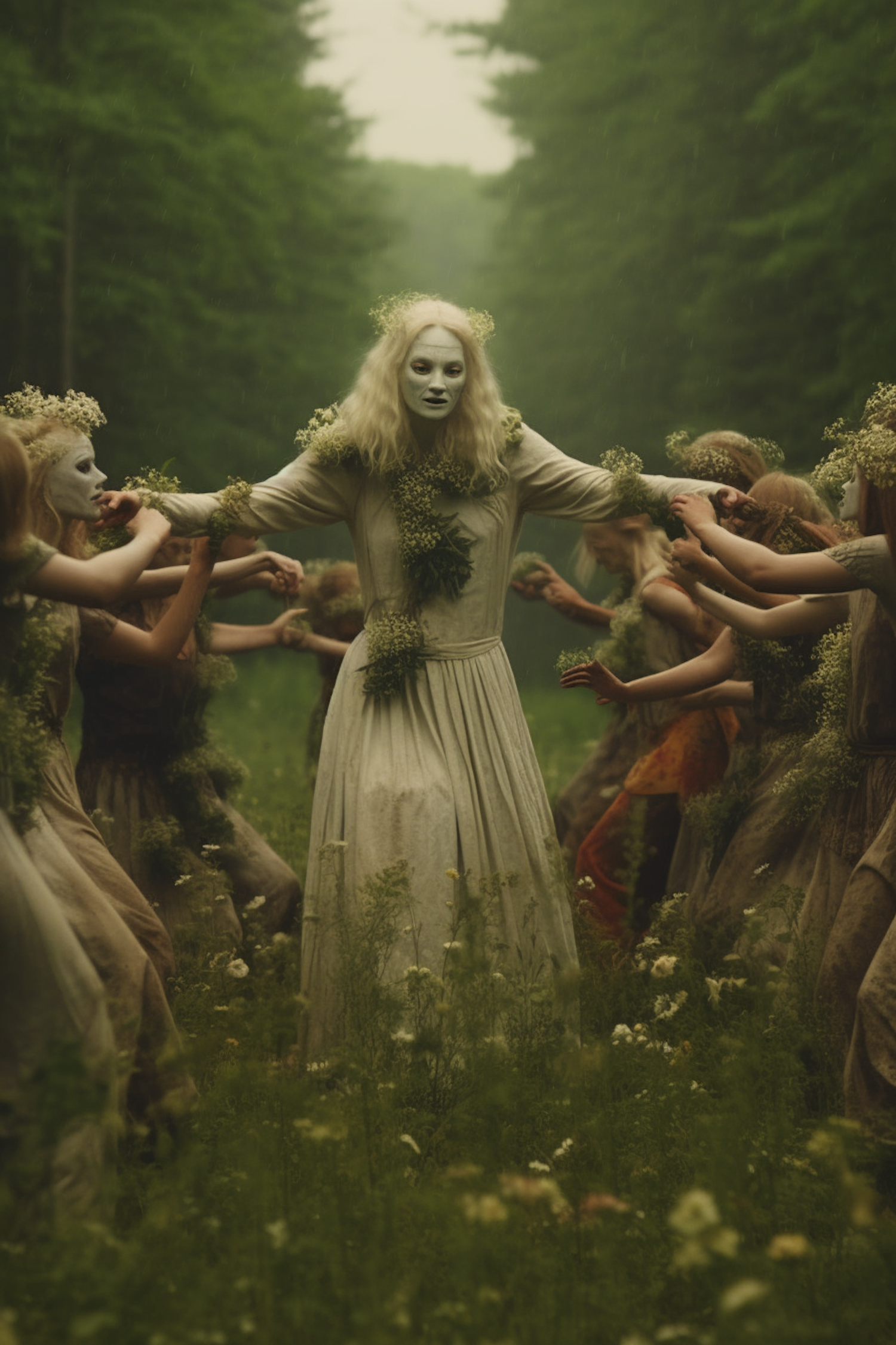 A cultish gathering with a woman with a white-painted face at the center of a group - featured image for Movies Like Midsommar post