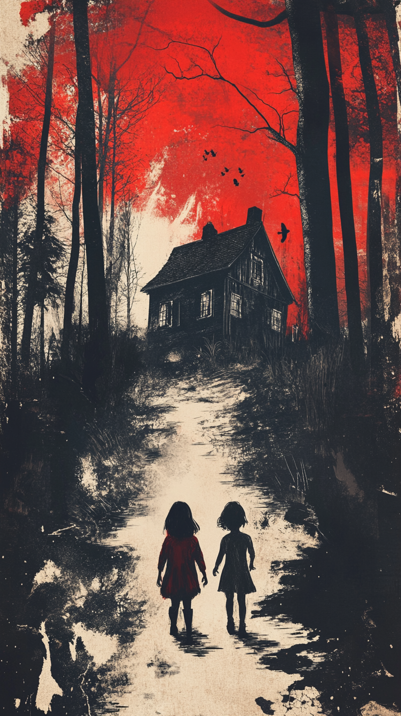 eerie illustration of 2 children approaching a creepy house, reminiscent of Grimms fairy tales