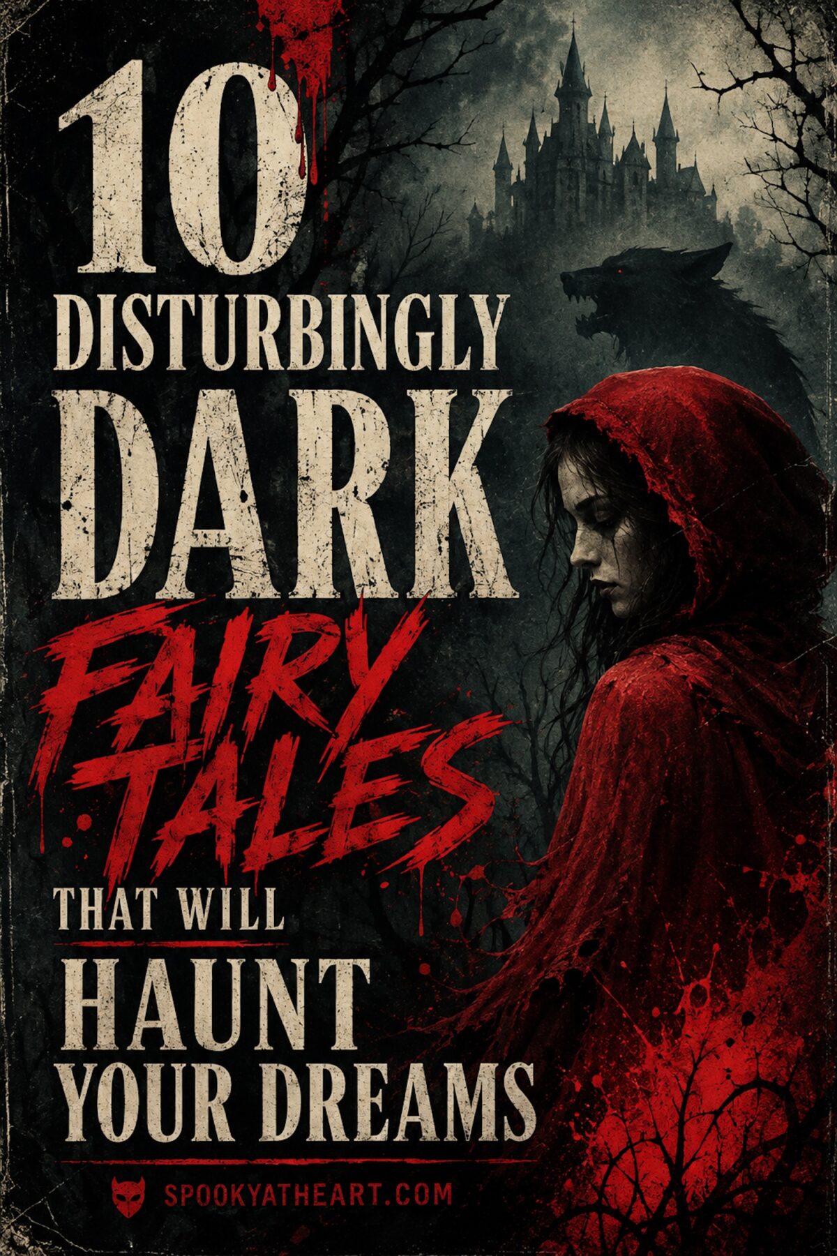 Featured image with the text "10 disturbingly dark fairy tales that will haunt your dreams" overlaying an image of a dark red-riding hood character and the silhouette of a werewolf and spooky castle in the background. The image is meant to be used as a pinterest pin and featured image for the blog post.