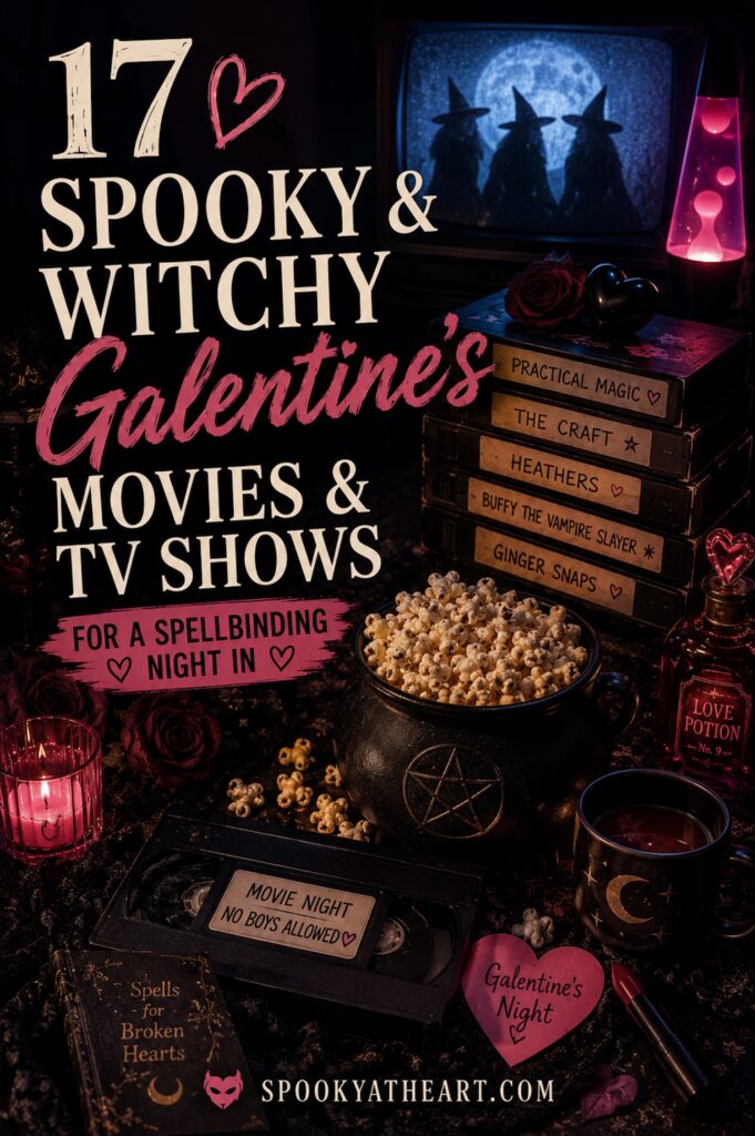 Retro witchy movie-night scene with a cauldron of popcorn, VHS tapes labeled “Practical Magic,” “The Craft,” “Heathers,” “Buffy the Vampire Slayer,” and “Ginger Snaps,” plus candles, roses, a lava lamp, and a vintage TV showing three witches beneath a full moon. Text reads: “17 Spooky & Witchy Galentine’s Movies & TV Shows for a Spellbinding Night In.”