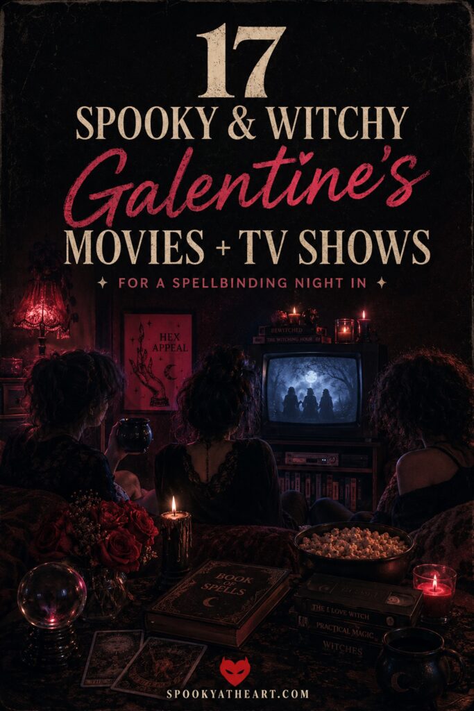Three women in dark witchy attire sit together watching a vintage television in a candlelit room decorated with tarot cards, spell books, roses, VHS tapes, a crystal ball, and gothic decor. Text reads: “17 Spooky & Witchy Galentine’s Movies + TV Shows for a Spellbinding Night In.”